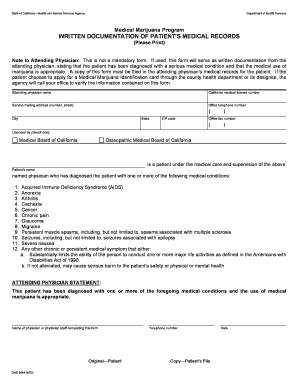 California Medical Marijuana Physician Documentation Form