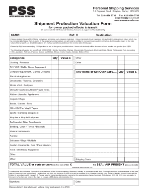 Shipment Protection Valuation Form