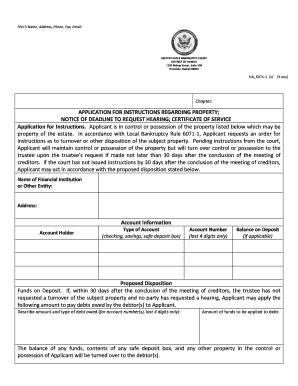 US Bankruptcy Court Application for Instructions