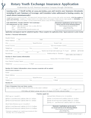 Rotary Youth Exchange Insurance Application