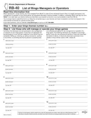 Illinois Bingo Manager Form RB-40
