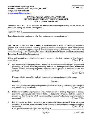 North Carolina Psychological Associate Supervised Experience Verification Form