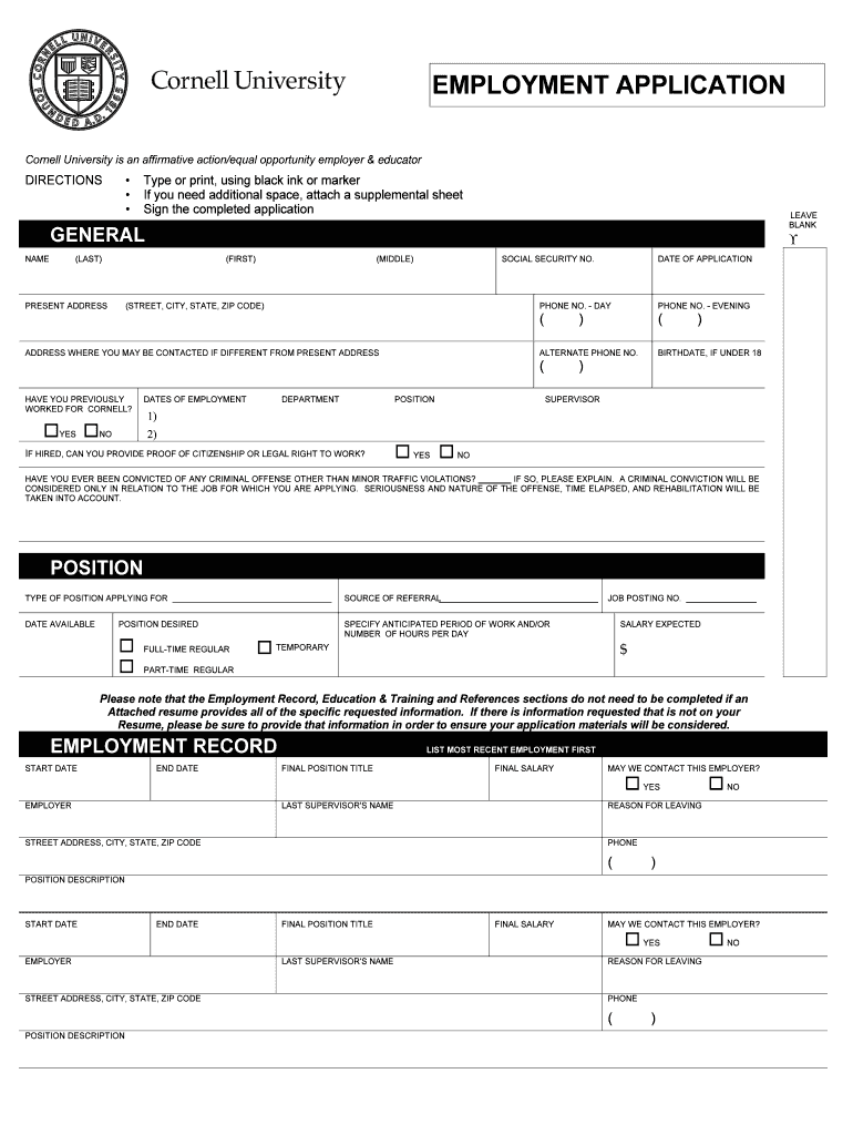 Fillable Online hr cornell EMPLOYMENT APPLICATION Cornell University