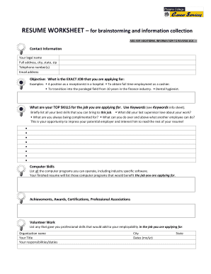 Objective summary example - resume brainstorming worksheet form