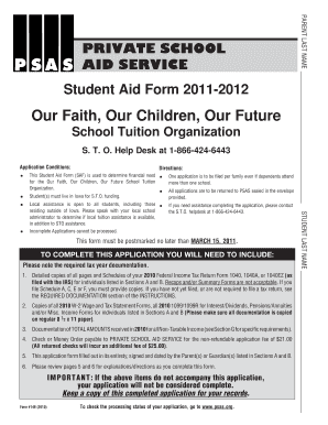 Private School Aid Service Student Aid Form 2011-2012