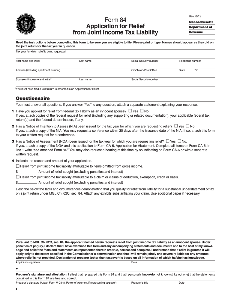 Form 84 Application for Relief from Joint Income Tax ... - Mass.Gov - mass Preview on Page 1