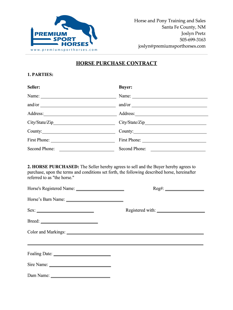 Premium Sport Horses Horse Purchase Contract Fill and Sign Printable