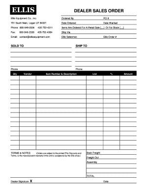 Fillable Online Dealer Order Form - Ellis Equipment Co. Fax Email Print ...
