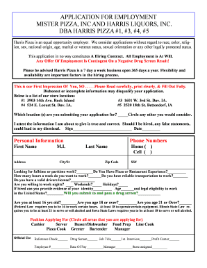 APPLICATION FOR EMPLOYMENT MISTER PIZZA, INC AND HARRIS LIQUORS, INC