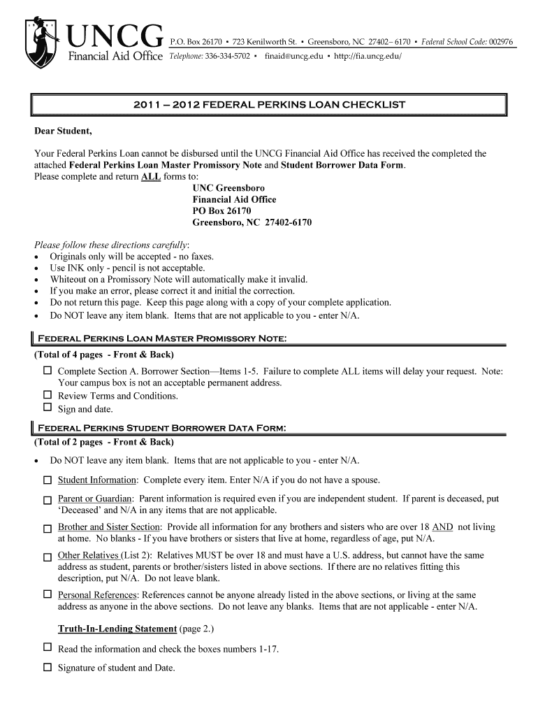 2011 2012 FEDERAL PERKINS LOAN CHECKLIST Dear Student Preview on Page 1