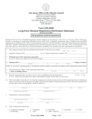New Jersey Charitable Registration Renewal Form CRI-300R