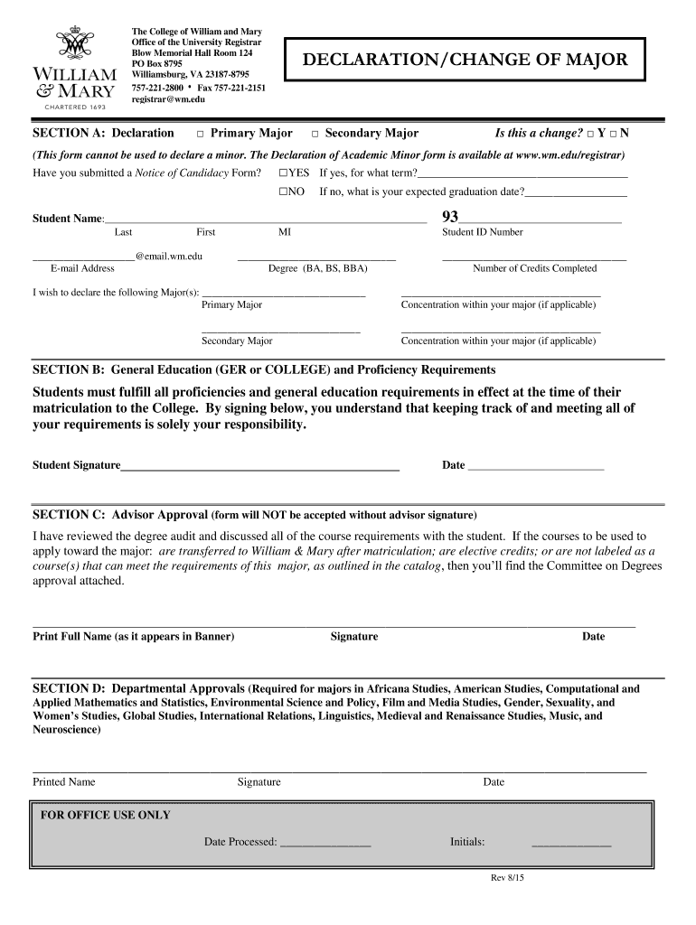 Declaration of Major Form - College of William and Mary Preview on Page 1