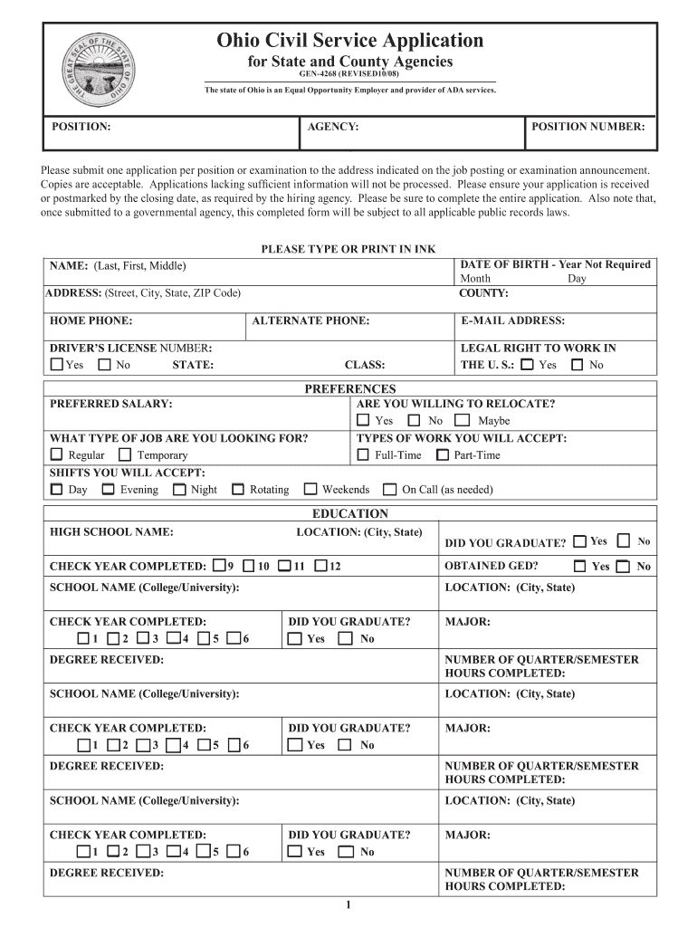 ohio civil service application pdf 2008 form Preview on Page 1