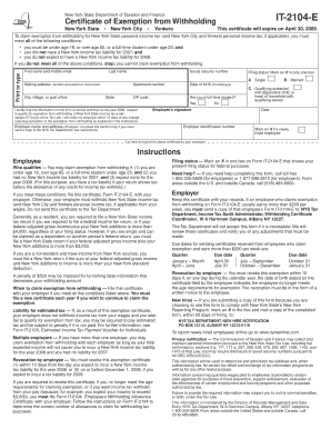 New York State Tax Exemption Certificate IT-2104-E
