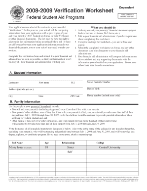 2008-2009 Verification Worksheet Dependent
