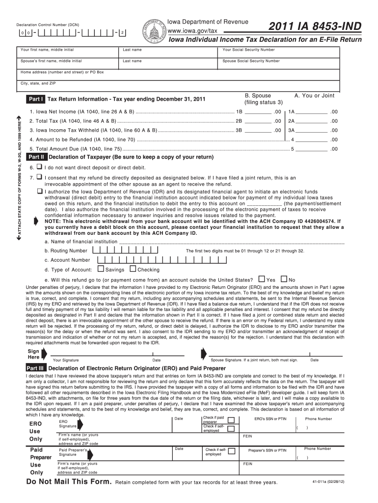 iowa department of revenue ia 8453 ind 2011 form Preview on Page 1.