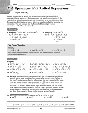 Algebra 1 Radical Expressions Worksheet