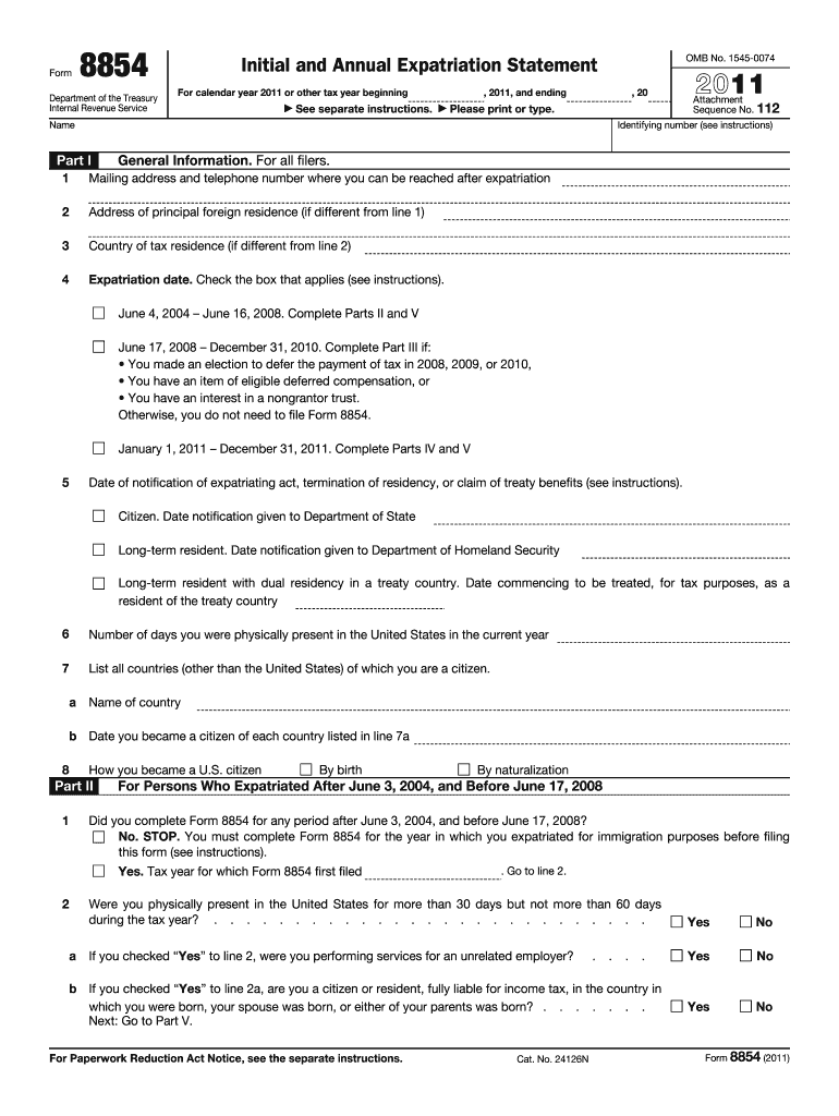 8854 2011 form Preview on Page 1