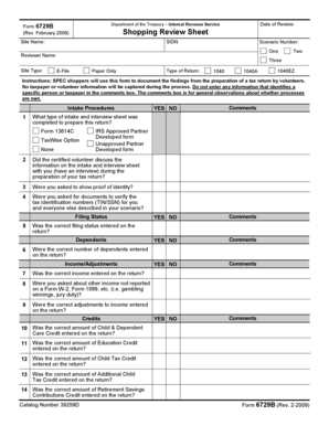 IRS Form 6729B Shopping Review Sheet