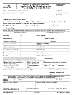 IRS Form 4422 Application for Certificate Discharging Property Subject to Estate Tax Lien