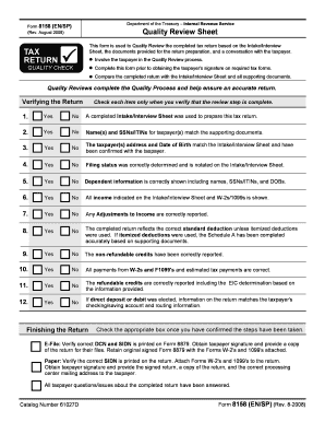 IRS Form 8158 Quality Review Sheet