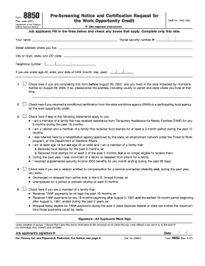 Form 8850 Pre-Screening Notice and Certification Request