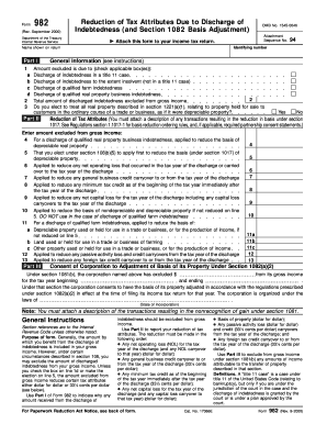 IRS Form 982 Reduction of Tax Attributes