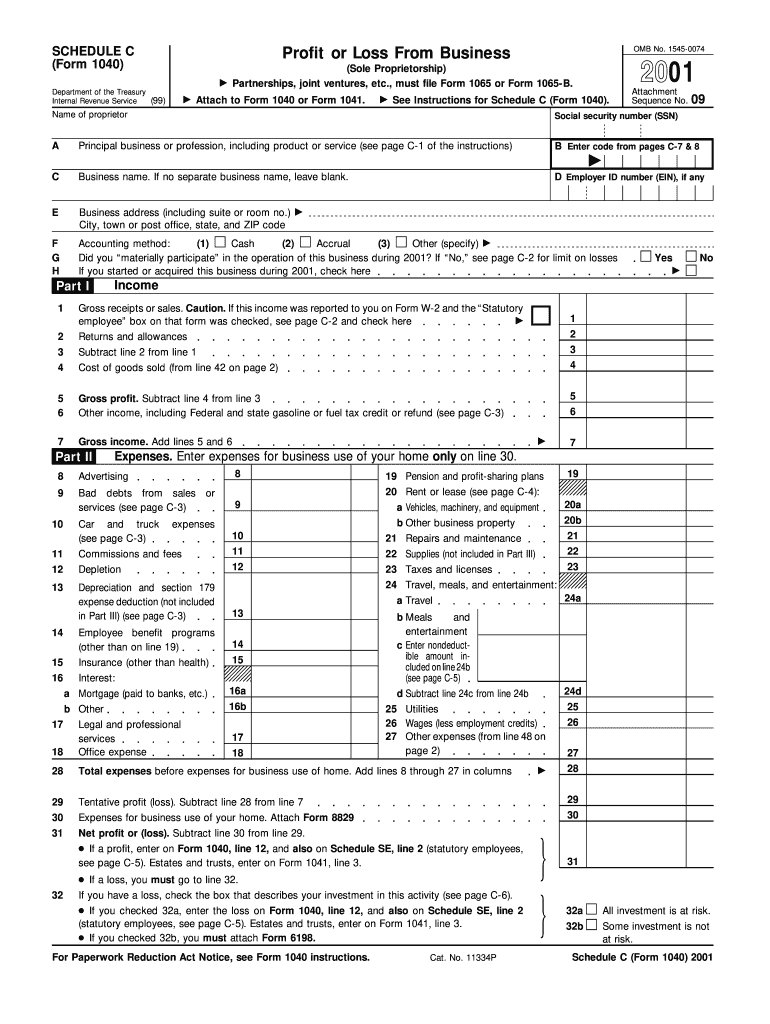 2001 Form IRS 1040 Schedule C Fill Online Printable Fillable Blank 