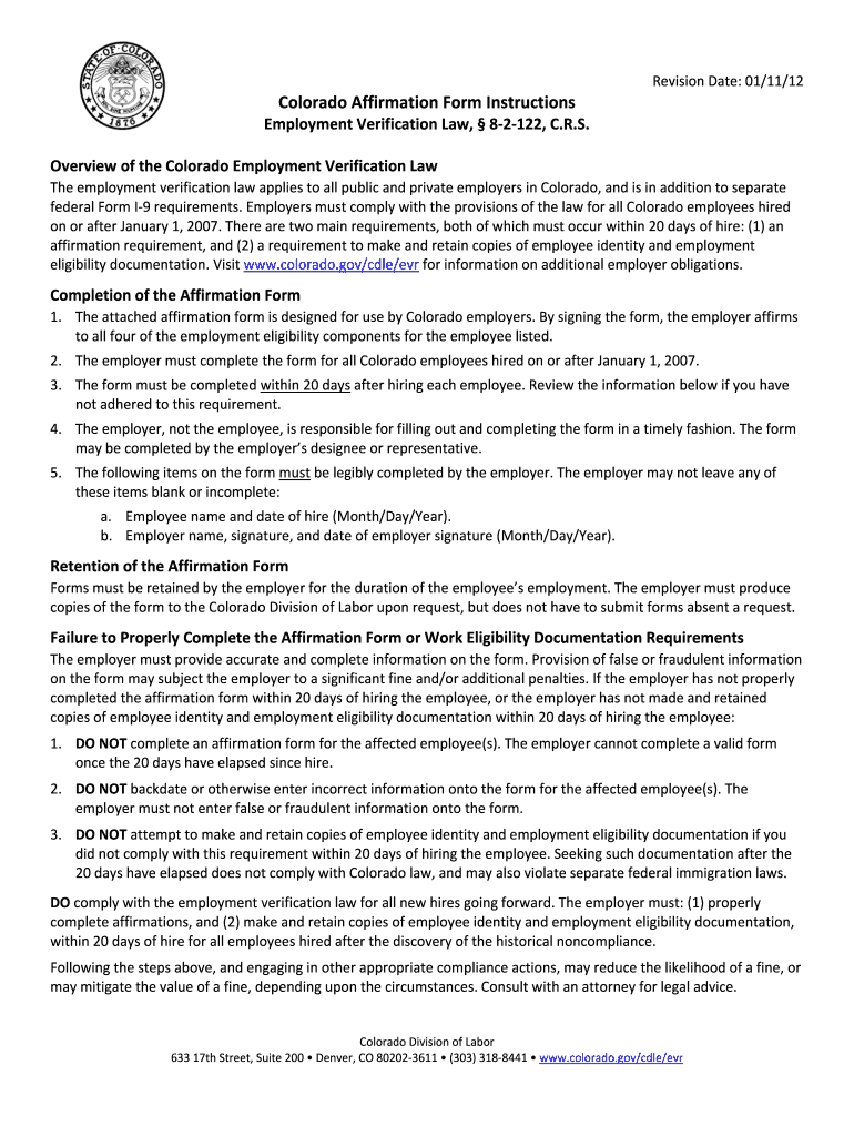 colorado affirmation of legal work status 2012 form Preview on Page 1