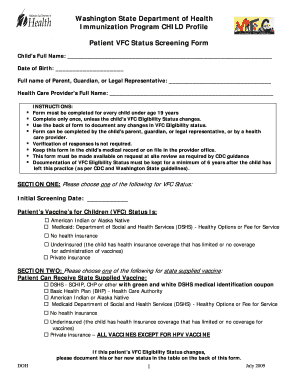Washington State Child VFC Status Screening Form