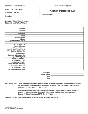 South Carolina Creditor's Claim Form