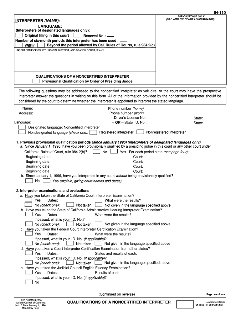 Fillable Online Qualifications of a Noncertified Interpreter Fax Email ...