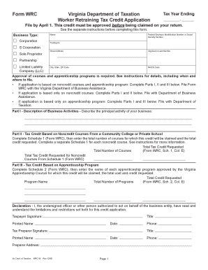 Virginia Worker Retraining Tax Credit Application