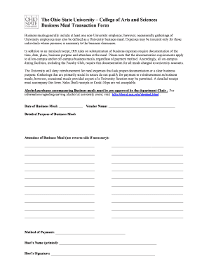 Ohio State University Business Meal Transaction Form
