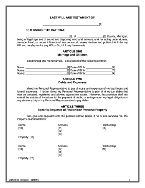 Michigan Legal Last Will and Testament Form for Divorced person not Remarried with Minor Children