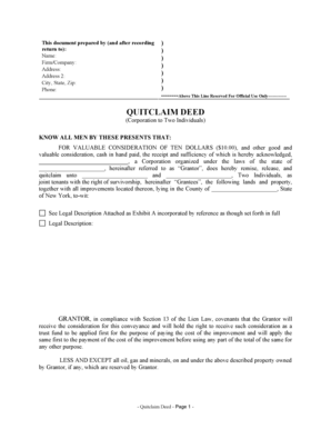 New York Quitclaim Deed from Corporation to Two Individuals