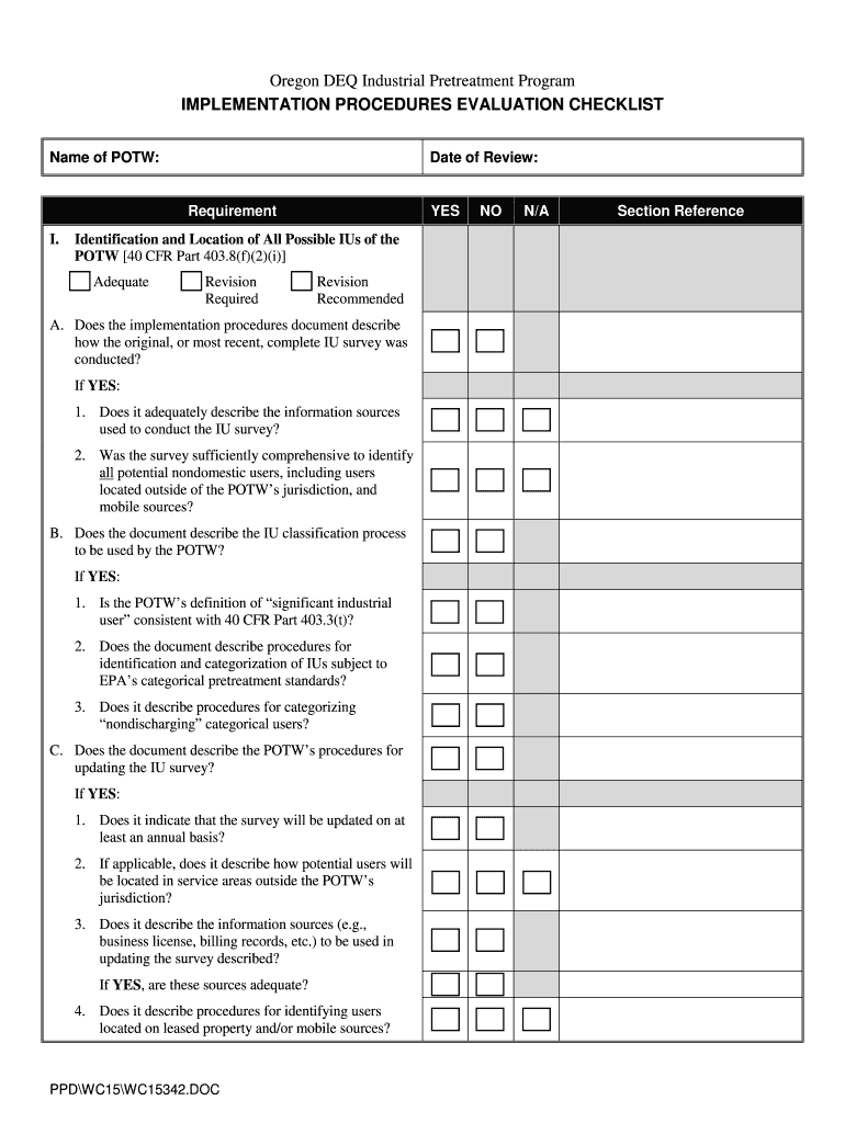 Oregon DEQ Industrial Pretreatment Program Checklists - 3 Checklists Water Quality Pretreatment Prog Preview on Page 1