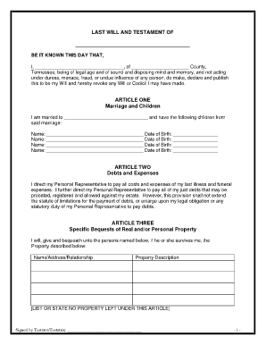 Tennessee Last Will and Testament