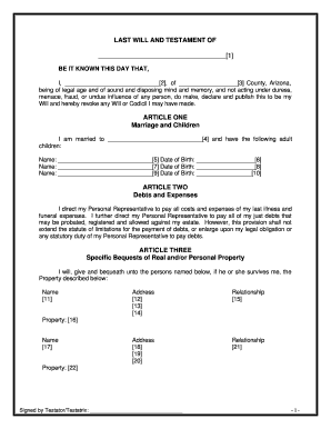 Arizona Legal Last Will and Testament Form for Married person with Adult Children