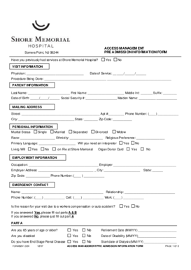 Shore Memorial Hospital Pre Admission Information Form
