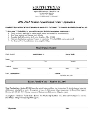 2011-2012 Tuition Equalization Grant Application