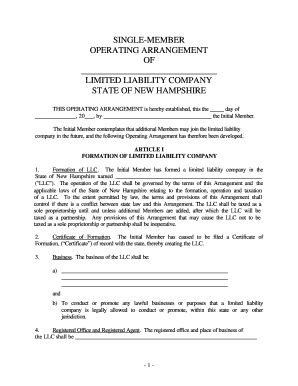 New Hampshire Single Member Limited Liability Company LLC Operating Agreement