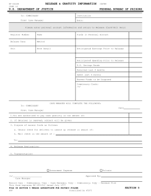 Federal Bureau of Prisons Release & Gratuity Information Form