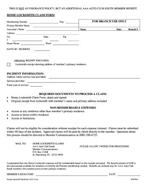 AAA Auto Club South Home Locksmith Claim Form
