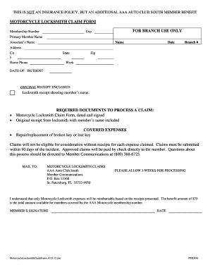 AAA Motorcycle Locksmith Claim Form