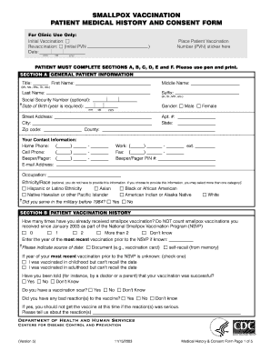 Smallpox Vaccination Patient Medical History and Consent Form. smallpox vaccination - bt cdc