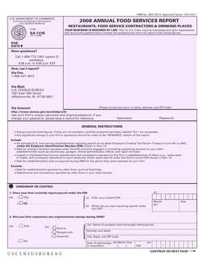 US Census Bureau Food Services Report Form SA-722E