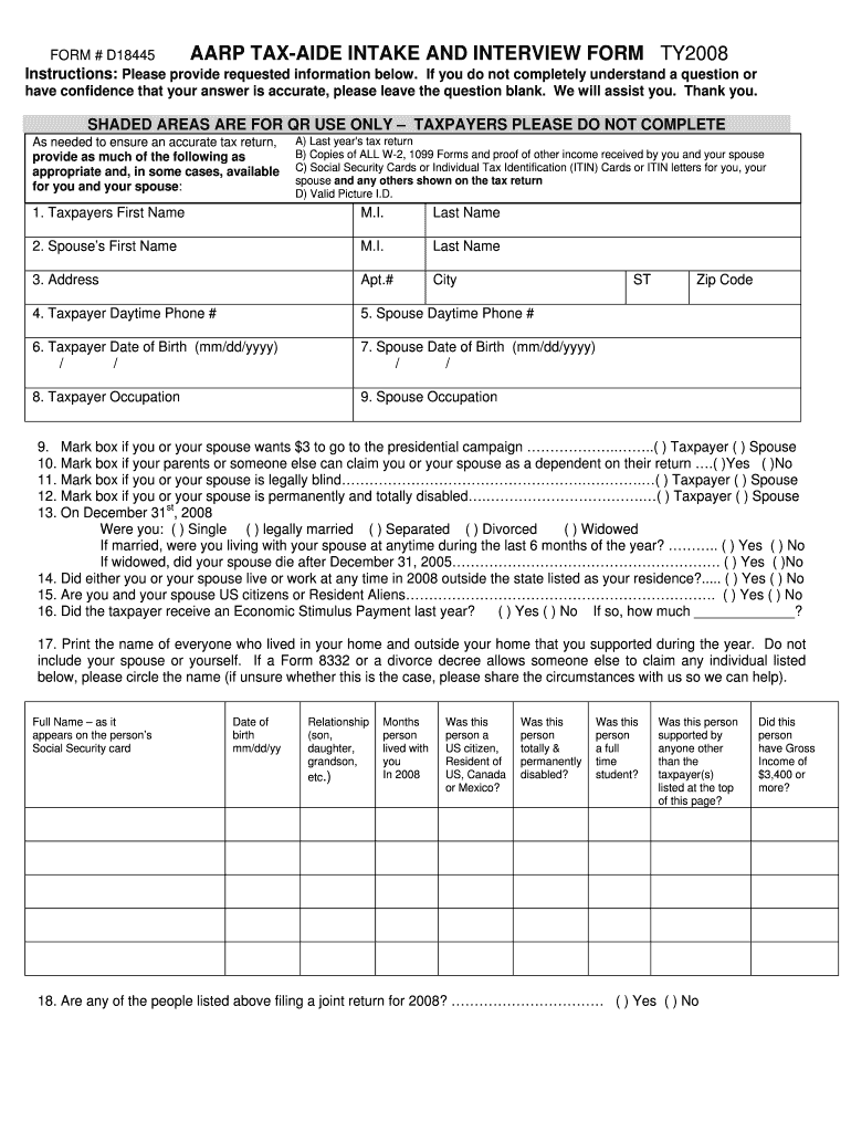 finalintakeandqrTY08 doc - aarp Preview on Page 1