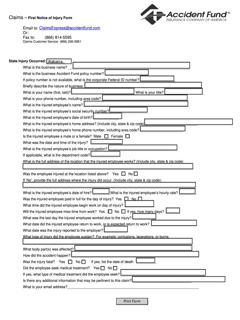 Claims First Notice of Injury Form Preview on Page 1