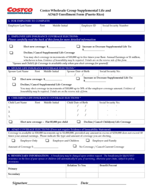 Costco Wholesale Supplemental Life and AD&D Enrollment Form